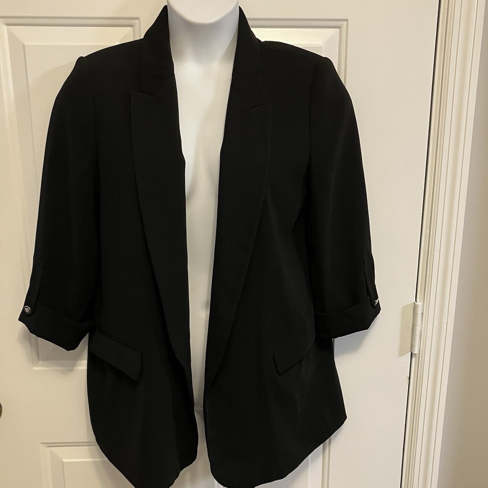 Zara Basic Size XL Black Open Front Blazer Cuffed Sleeve Jacket Women's